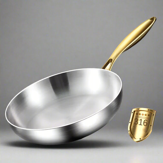 Stainless steel frying pan with gold handle on a dark background, featuring text about material and benefits.