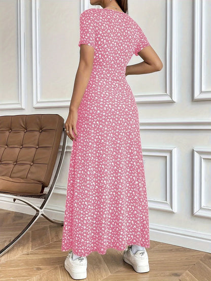 Women’s Autumn V-Neck Slim-Fit Floral Dress – Short Sleeve A-Line Commuter Style