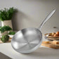 A 304 stainless steel frying pan with a long handle, displayed on a white background, indicating it is a non-stick skillet suitable for gas and induction cookers.