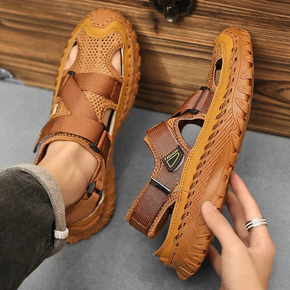 Men’s Outdoor Leather Sandals – Breathable Mesh, Rugged Grip, All-Day Comfort