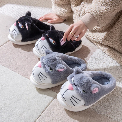 Women's Cat Plush Winter Slippers Indoor Furry House Shoes with Embroidered Face