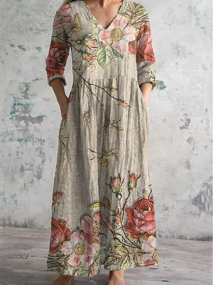 Women’s Casual Floral Print Midi Dress – Elegant Mid-Length V-Neck One-Piece
