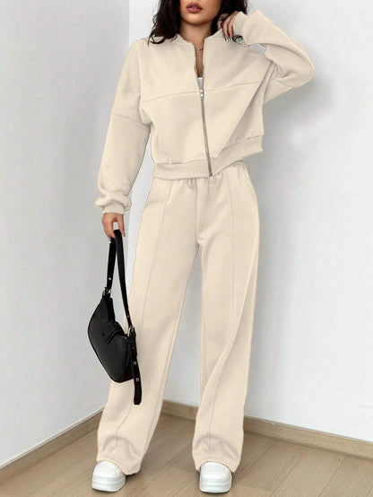 Women’s Casual Matching Tracksuit Set – Zipper Cardigan & Wide-Leg Drawstring Pants