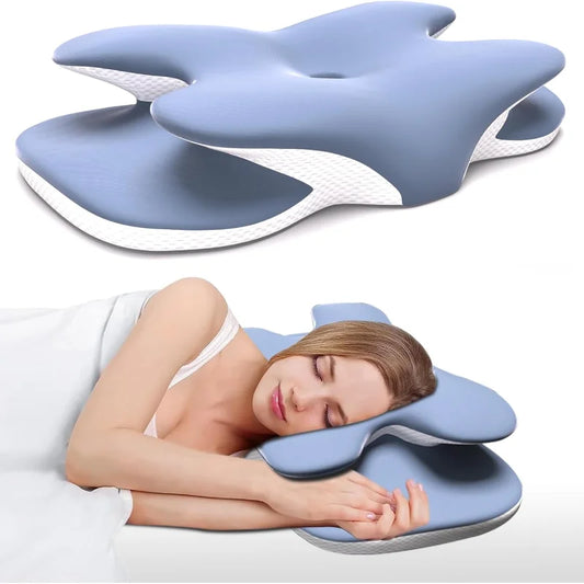 Woman lying on a blue ergonomic pillow with a white background