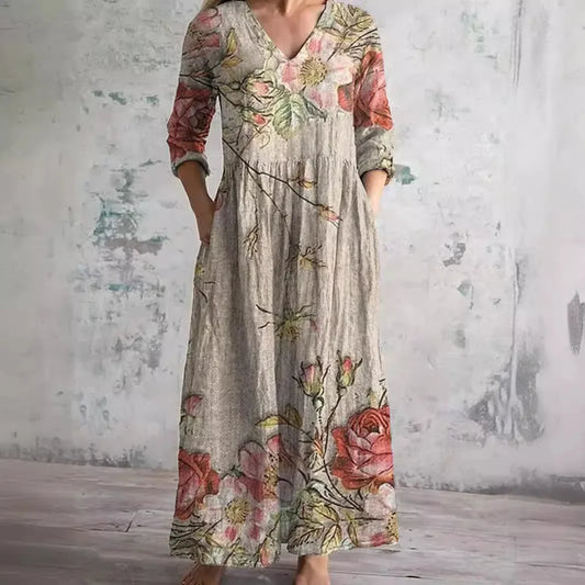 Women’s Casual Floral Print Midi Dress – Elegant Mid-Length V-Neck One-Piece