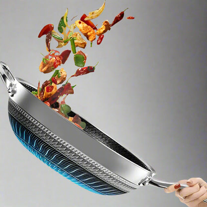 Frying pan with food splashes and text indicating it's one-handed and suitable for all ages.
