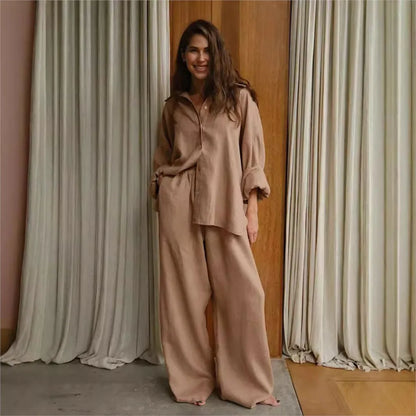 Women’s Cotton Shirt & Wide-Leg Pants Set – Casual Office Style for Spring/Summer