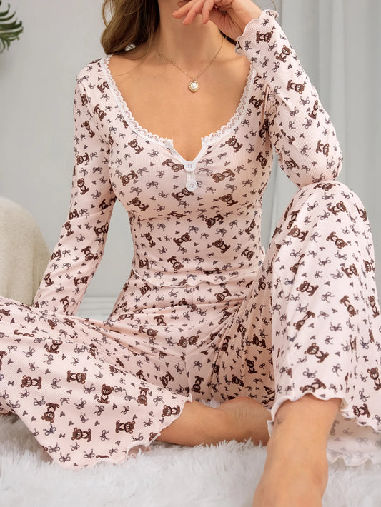 Cute Bear Print Pyjama Set – Comfy V-Neck Loungewear for Snuggly Nights