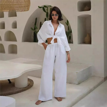 Women’s Cotton Shirt & Wide-Leg Pants Set – Casual Office Style for Spring/Summer