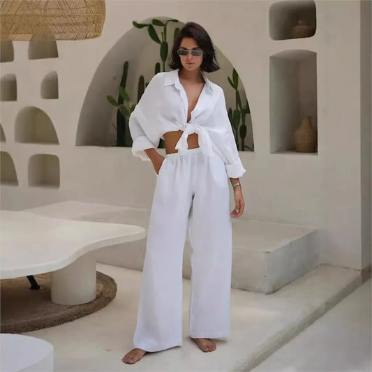 Women’s Cotton Shirt & Wide-Leg Pants Set – Casual Office Style for Spring/Summer