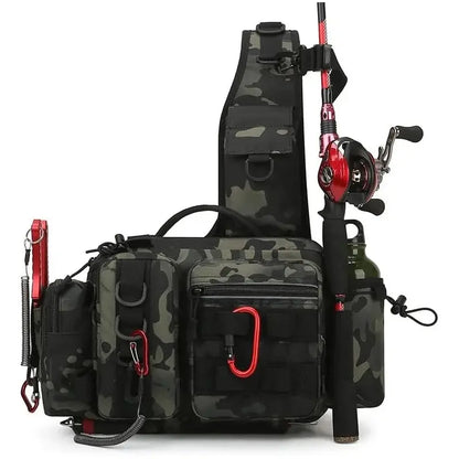 Fishing Tackle Sling Backpack – Fishing Gear Storage Bag with Rod Holder Storage