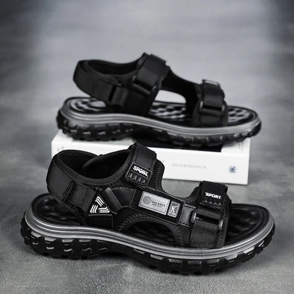 Men’s Outdoor Leather Sandals – Breathable Hiking Shoes with Elastic Strap