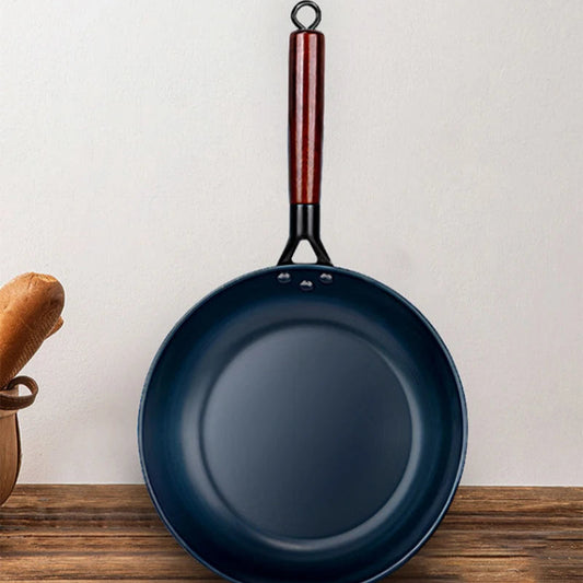 Black frying pan on a wooden surface with food images below