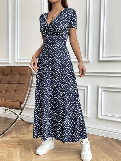 Women’s Autumn V-Neck Slim-Fit Floral Dress – Short Sleeve A-Line Commuter Style