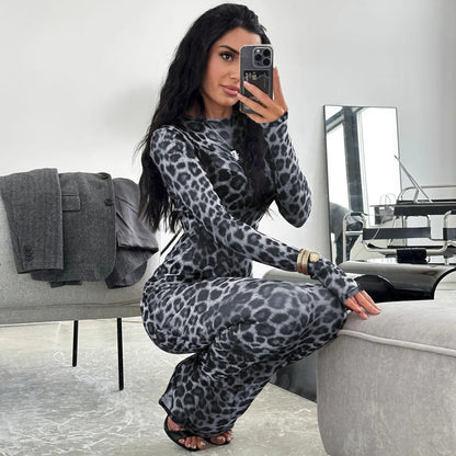 Women's Leopard Print Mesh Long Sleeve Maxi Dress – Slim See-Through Dress