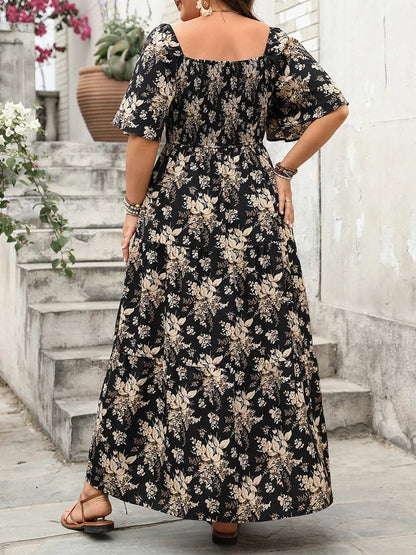 Plus Size Boho Floral Maxi Dress – Elegant Square Neck | Knot Front