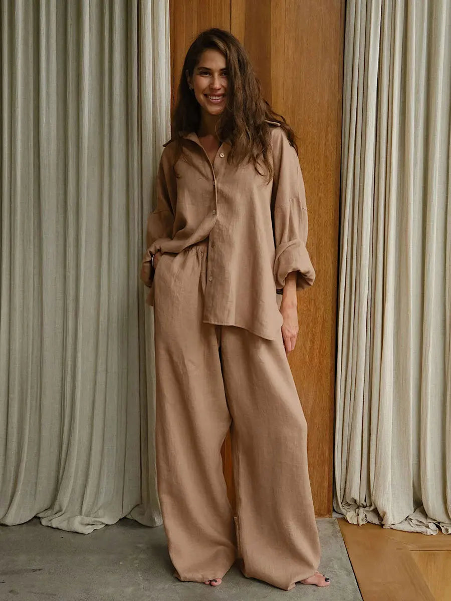 Women’s Cotton Shirt & Wide-Leg Pants Set – Casual Office Style for Spring/Summer