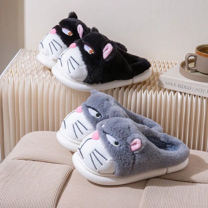 Women's Cat Plush Winter Slippers Indoor Furry House Shoes with Embroidered Face
