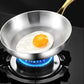 Stainless steel frying pan with a fried egg on a gas stove