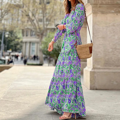 Women's Autumn Bohemian Printed Dress – V-Neck, Long Sleeve, High Waist Casual Style
