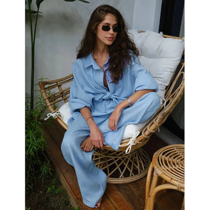 Women’s Cotton Shirt & Wide-Leg Pants Set – Casual Office Style for Spring/Summer
