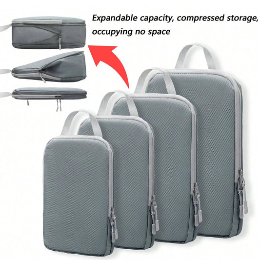 A set of four beige travel packing cubes of various sizes with zipper closure, alongside a portable handbag. The cubes are shown in different configurations to demonstrate their expandable and compressible features.