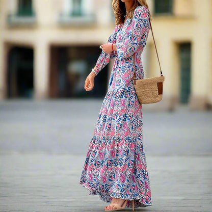 Women's Autumn Bohemian Printed Dress – V-Neck, Long Sleeve, High Waist Casual Style
