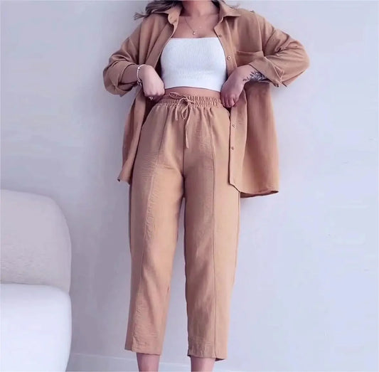Summer Wrinkled Shirt & Wide-Leg Pants Set – High Waist Casual 2PCS Outfit