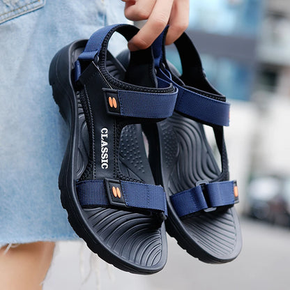 Men’s Summer Outdoor Sandals – Classic PU Beach Shoes with Hook & Loop Closure