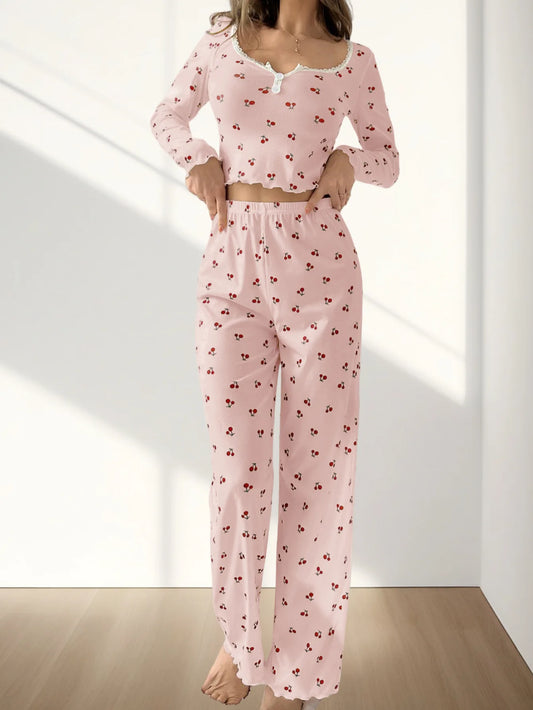Sweet Cherry Print Sleepwear Set – Long Sleeve Milk Silk Comfort 2-Piece Pyjama Set