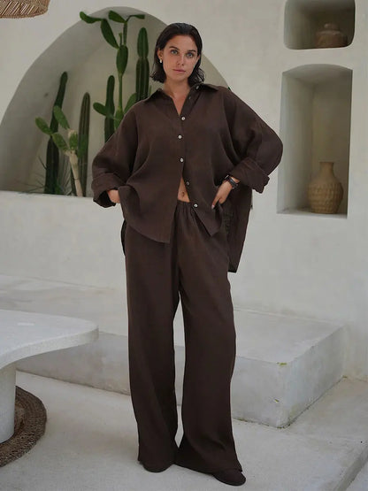 Women’s Cotton Shirt & Wide-Leg Pants Set – Casual Office Style for Spring/Summer