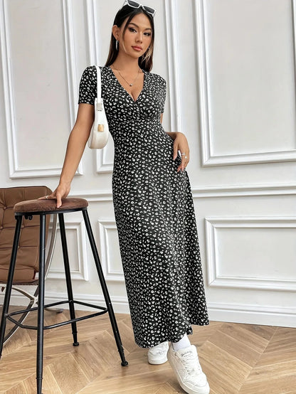 Women’s Autumn V-Neck Slim-Fit Floral Dress – Short Sleeve A-Line Commuter Style