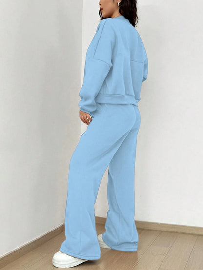 Women’s Casual Matching Tracksuit Set – Zipper Cardigan & Wide-Leg Drawstring Pants