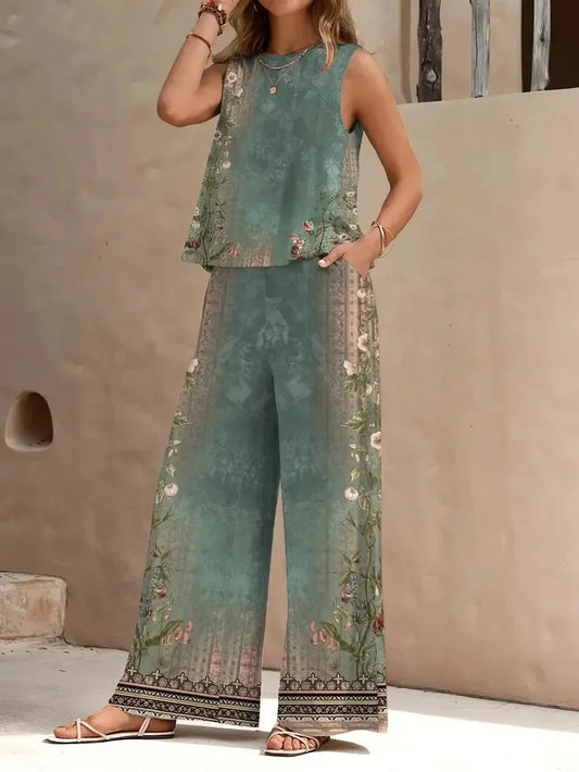 Fashionable Geometric Vest and Pants Set – Ethnic Style Skirt Suit Combo
