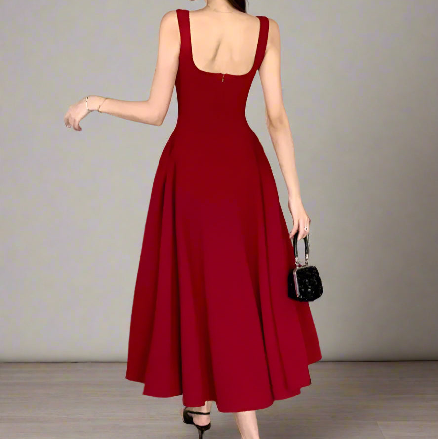 Women's A-Line Midi Dress – Vintage Square Collar, Sleeveless Party Dress