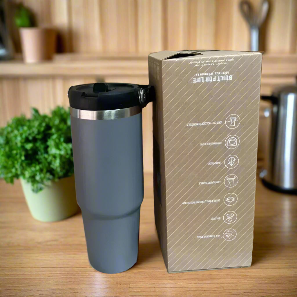 30oz Stainless Steel Vacuum Flask with Straw – Keeps Drinks Hot or Cold for Hours