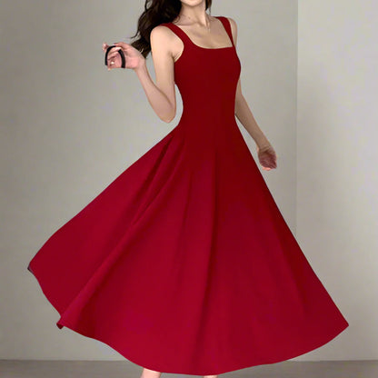 Women's A-Line Midi Dress – Vintage Square Collar, Sleeveless Party Dress