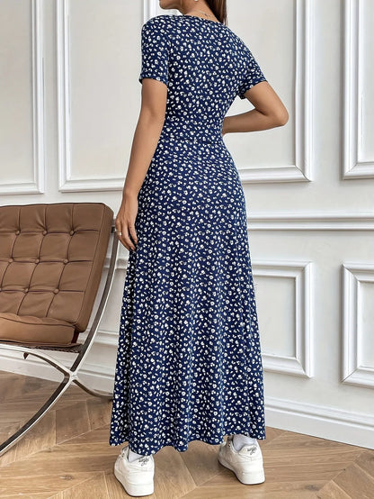 Women’s Autumn V-Neck Slim-Fit Floral Dress – Short Sleeve A-Line Commuter Style