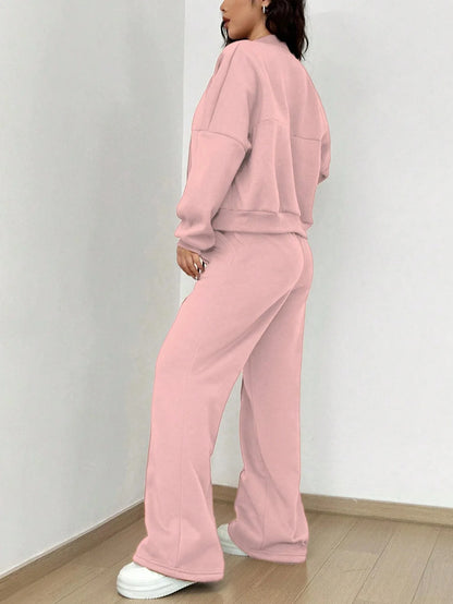 Women’s Casual Matching Tracksuit Set – Zipper Cardigan & Wide-Leg Drawstring Pants