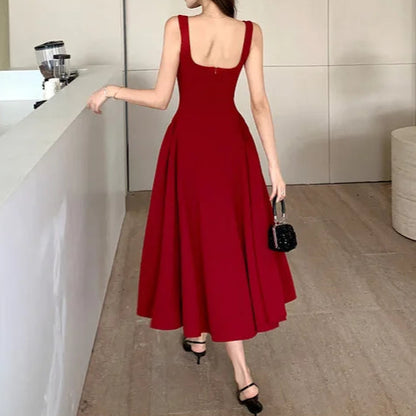 Women's A-Line Midi Dress – Vintage Square Collar, Sleeveless Party Dress