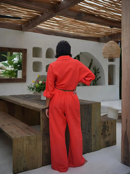 Women’s Cotton Shirt & Wide-Leg Pants Set – Casual Office Style for Spring/Summer