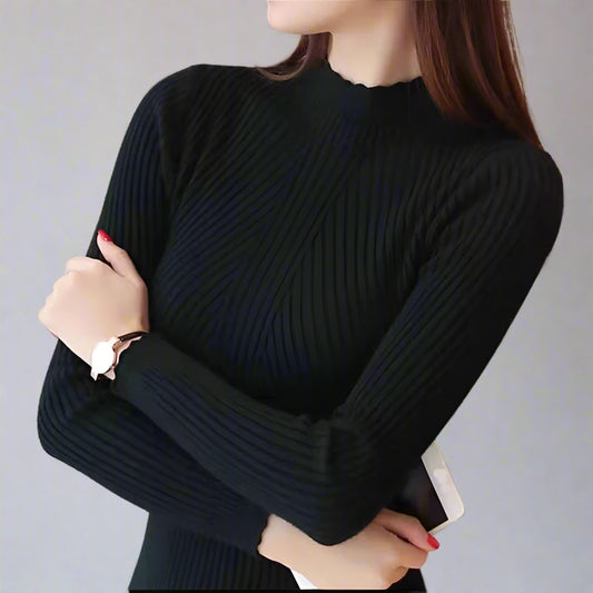 Women's Autumn Mock Neck Knitted Sweater - Slim Fit, High Stretch Pullover