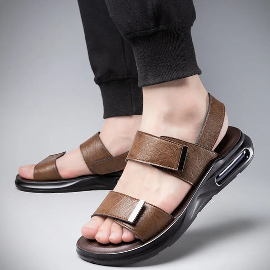 Men’s Summer Leather Sandals – Casual Beach Shoes with Hook & Loop Strap