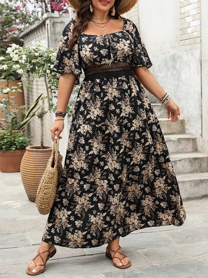 Plus Size Boho Floral Maxi Dress – Elegant Square Neck | Knot Front