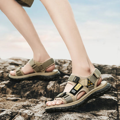Men’s Outdoor Leather Sandals – Breathable Hiking Shoes with Elastic Strap