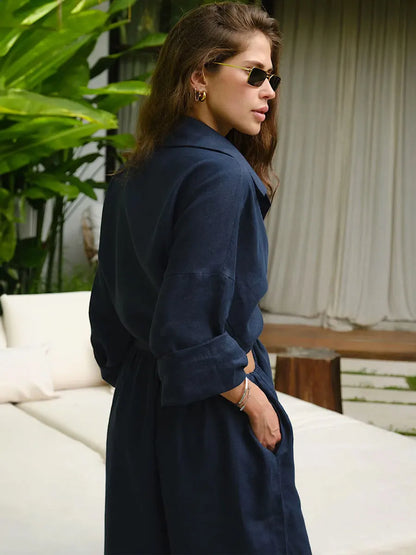 Women’s Cotton Shirt & Wide-Leg Pants Set – Casual Office Style for Spring/Summer