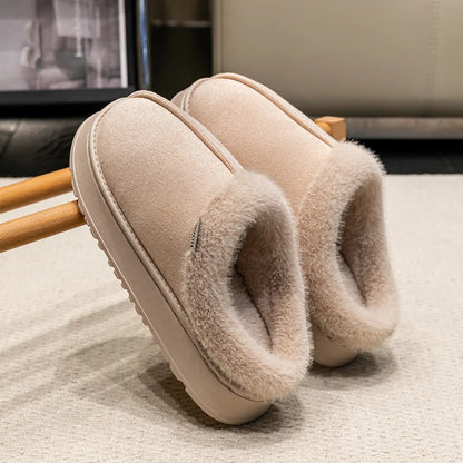 Winter Indoor Slippers Thick Sole Faux Suede Anti-Slip House Shoes Plush Lining