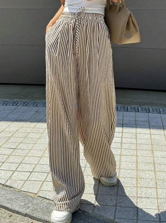Striped Wide-Leg Pants – Casual Drawstring Jersey Trousers with Pockets for Women