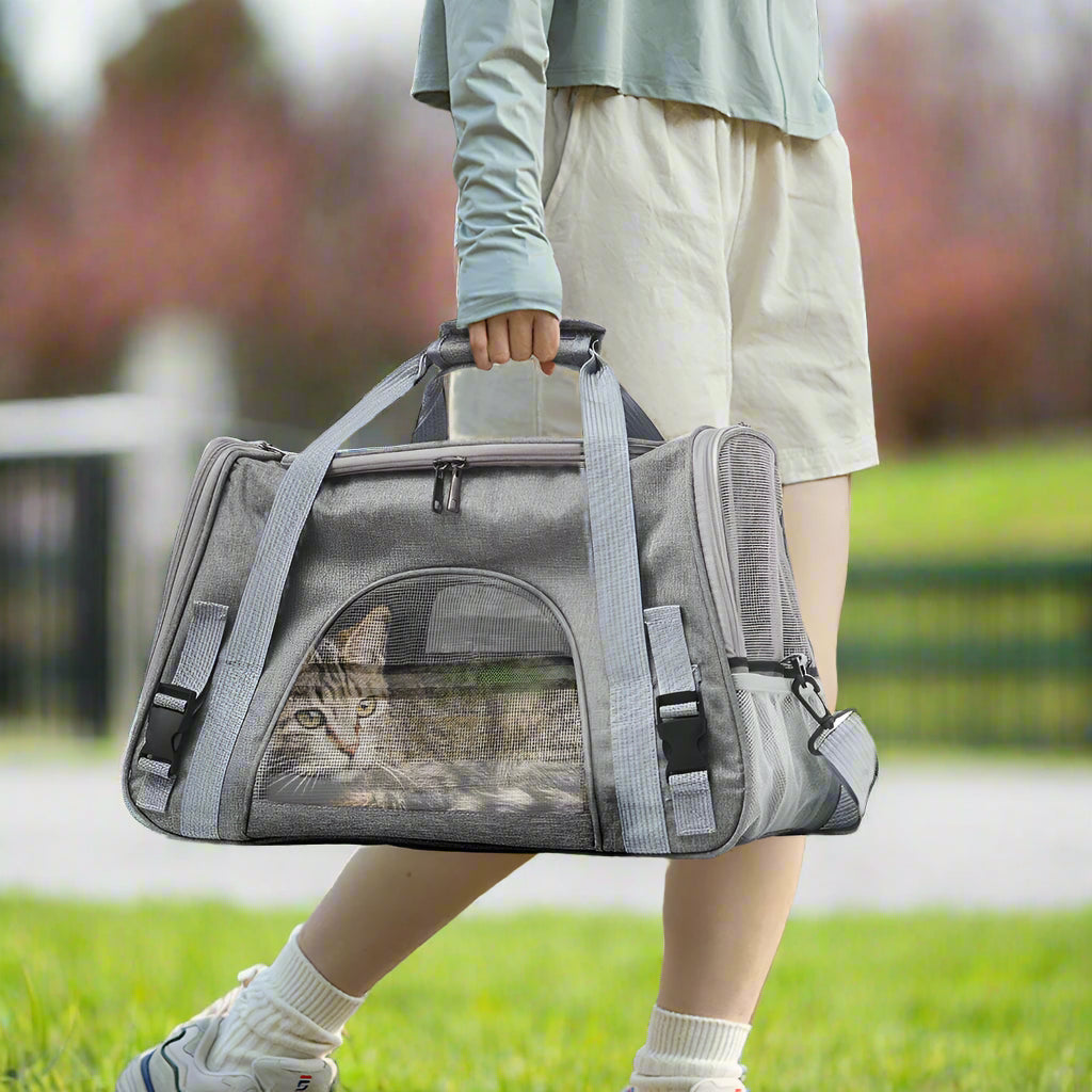 Person holding a gray pet carrier with a cat inside, outdoors.