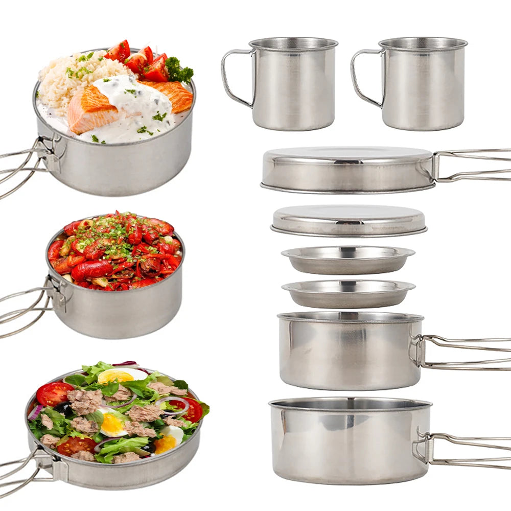 8-Piece Stainless Steel Camping Cookware Set for Outdoor Cooking Dealprice.co.uk